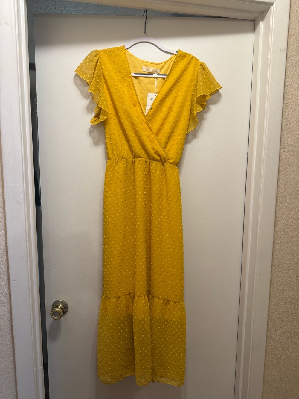 NWT Genhoo Mustard Yellow Swiss Dot Maxi Dress Size Large Ruffle Sleeve